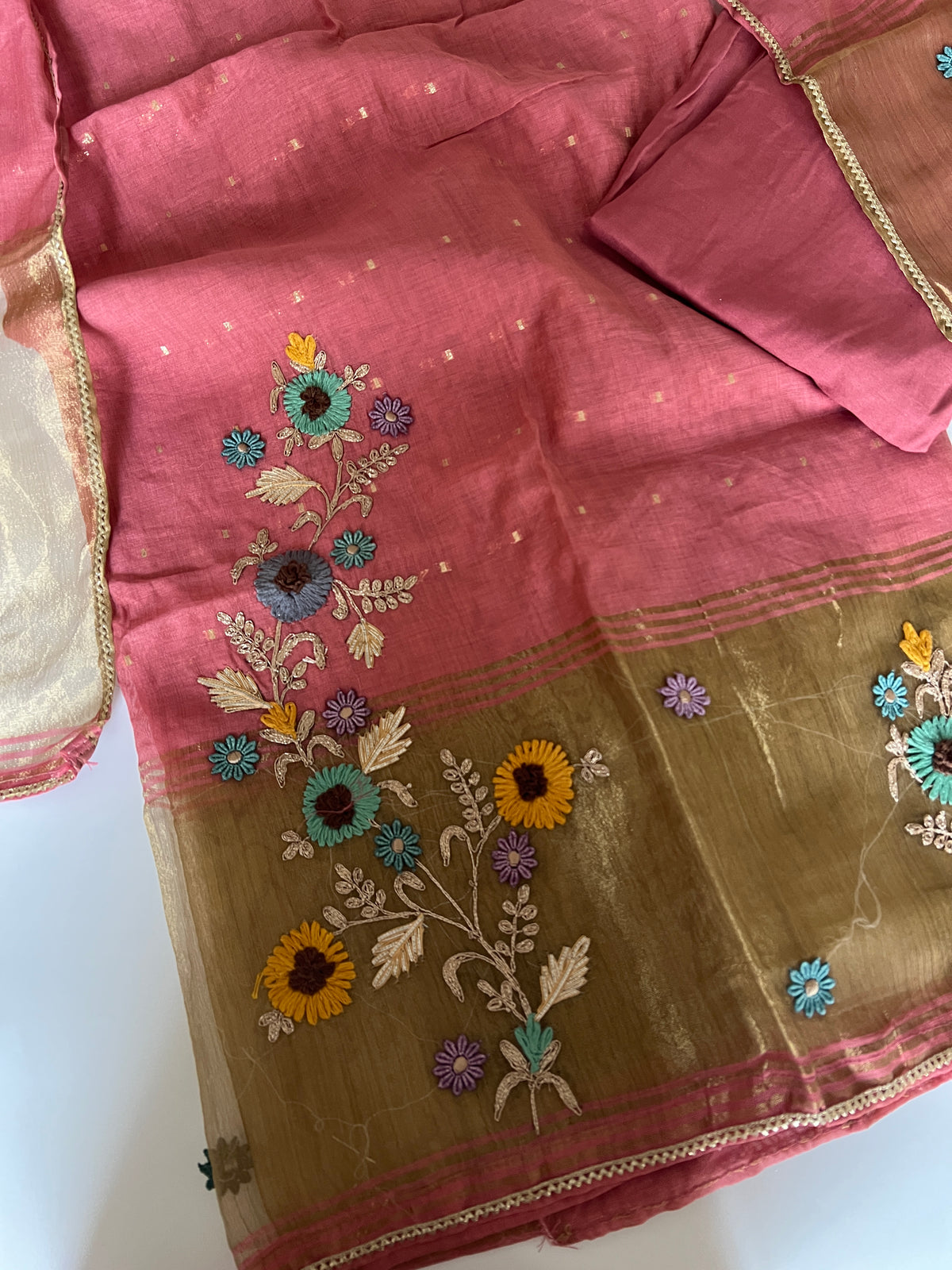 Pink Floral Embroidery tissue Jamdani Dress material