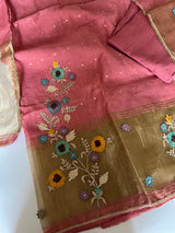 Pink Floral Embroidery tissue Jamdani Dress material