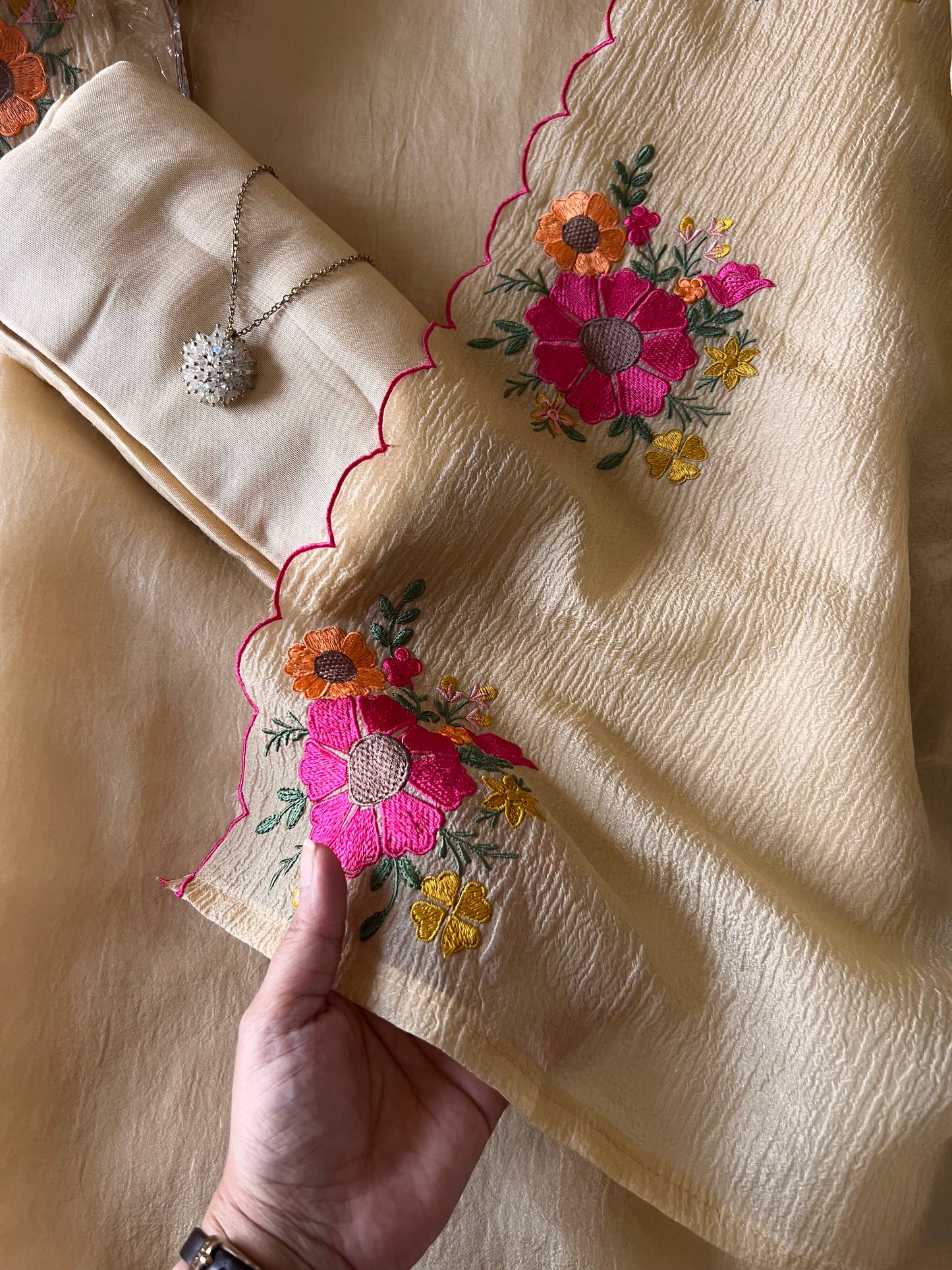 Sunflower Embroidery Crush tissue Silk Dress material