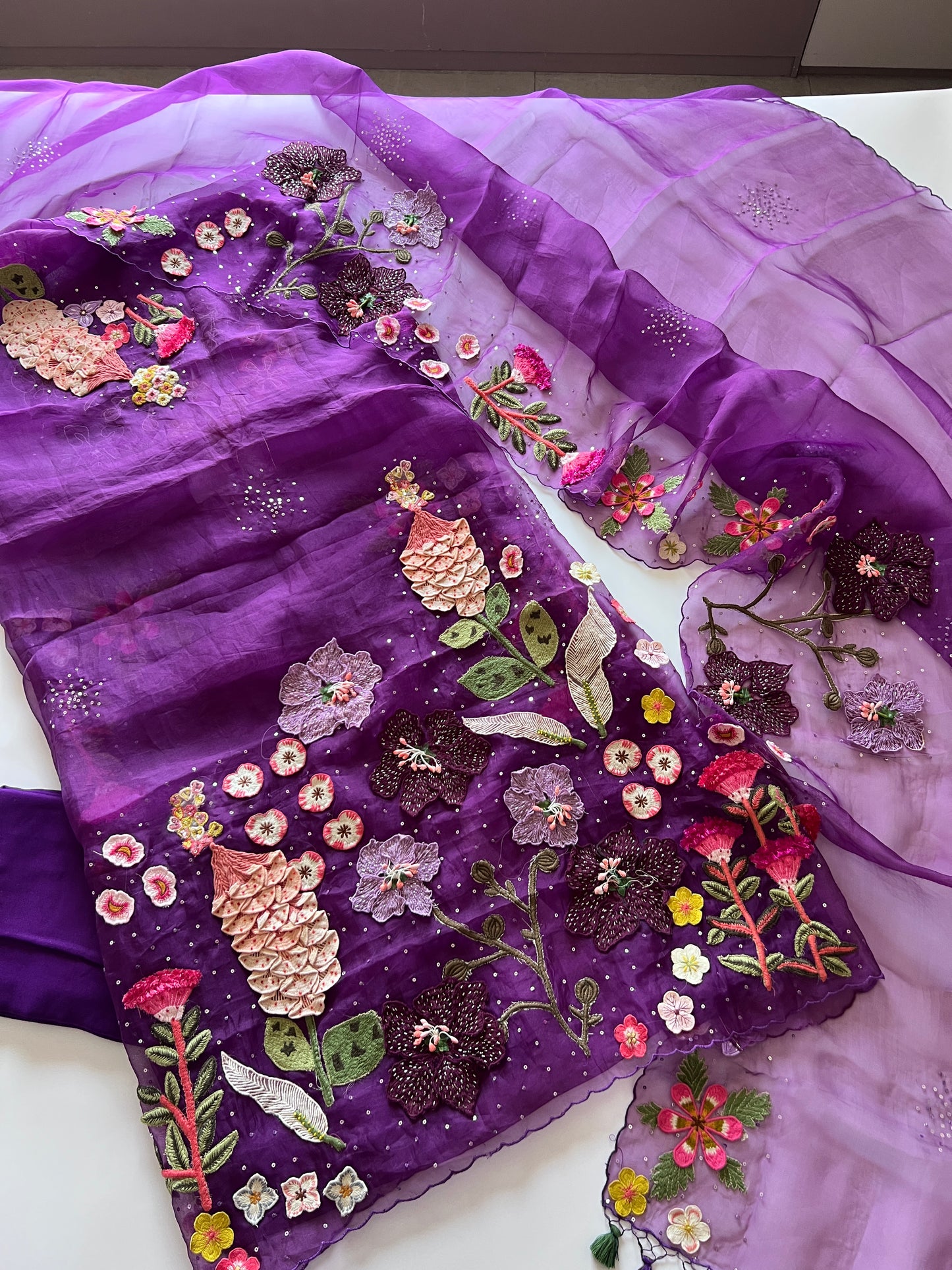 Fairy tale Embroidery on Organza premium unstitched dress material with 3D floral work