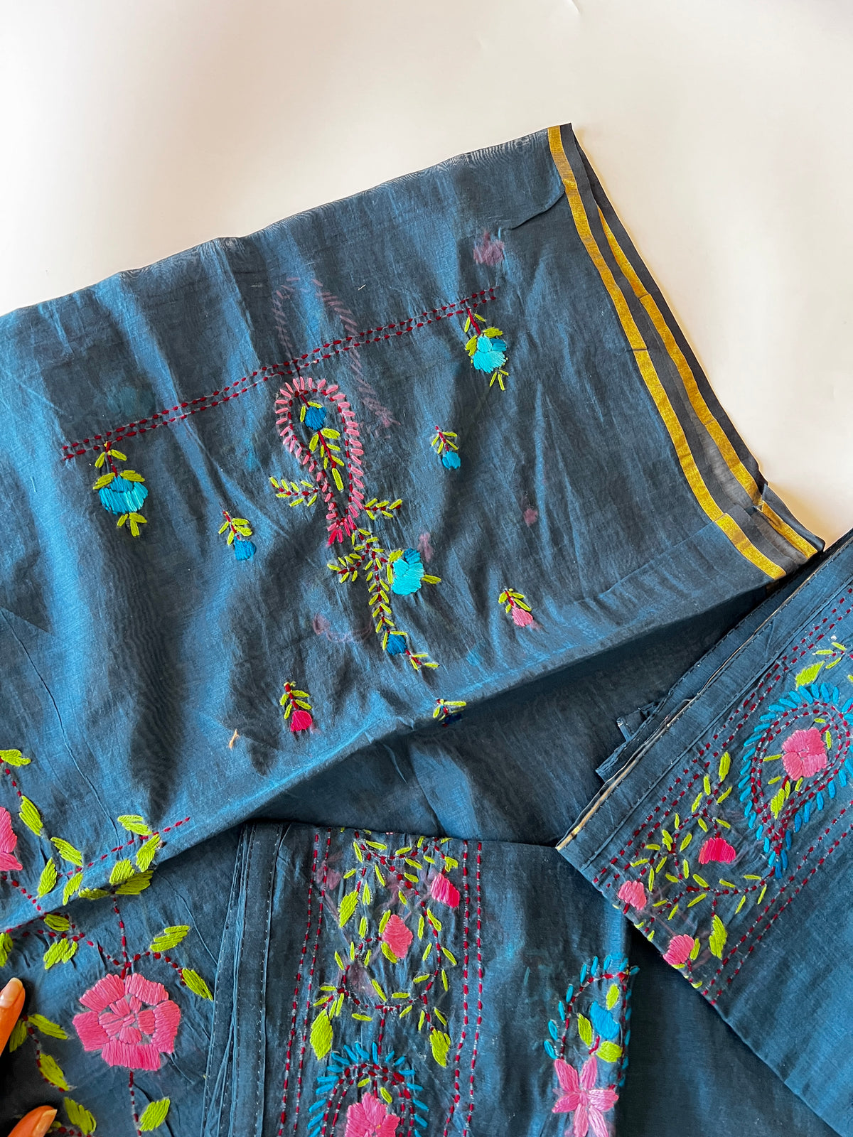 Blue Phulkari embroidery Unstitched suit material