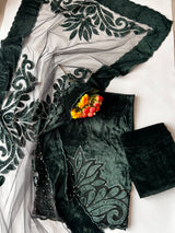 Green color Velvet cut work designer party wear unstitched suit set