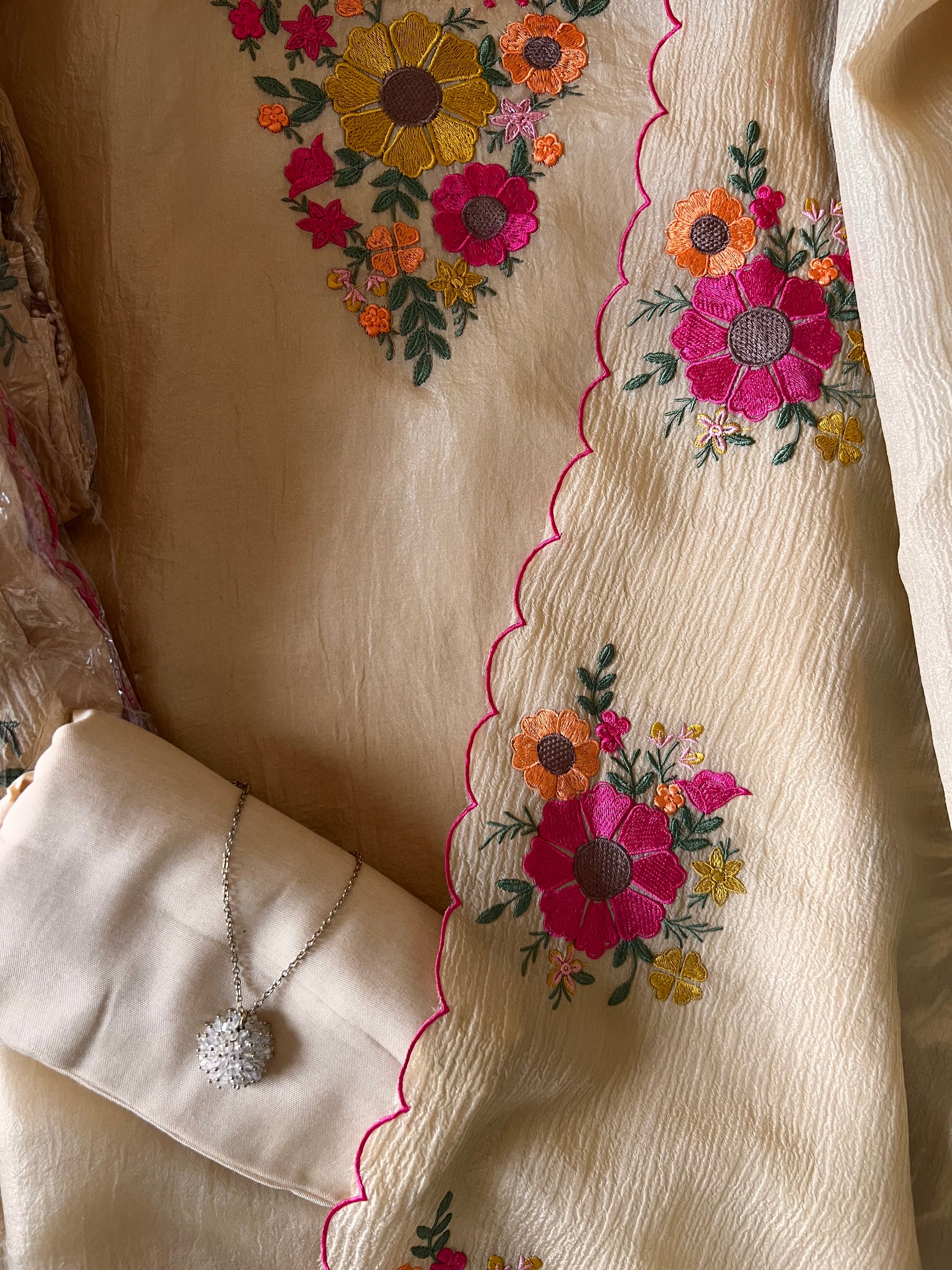 Sunflower Embroidery Crush tissue Silk Dress material