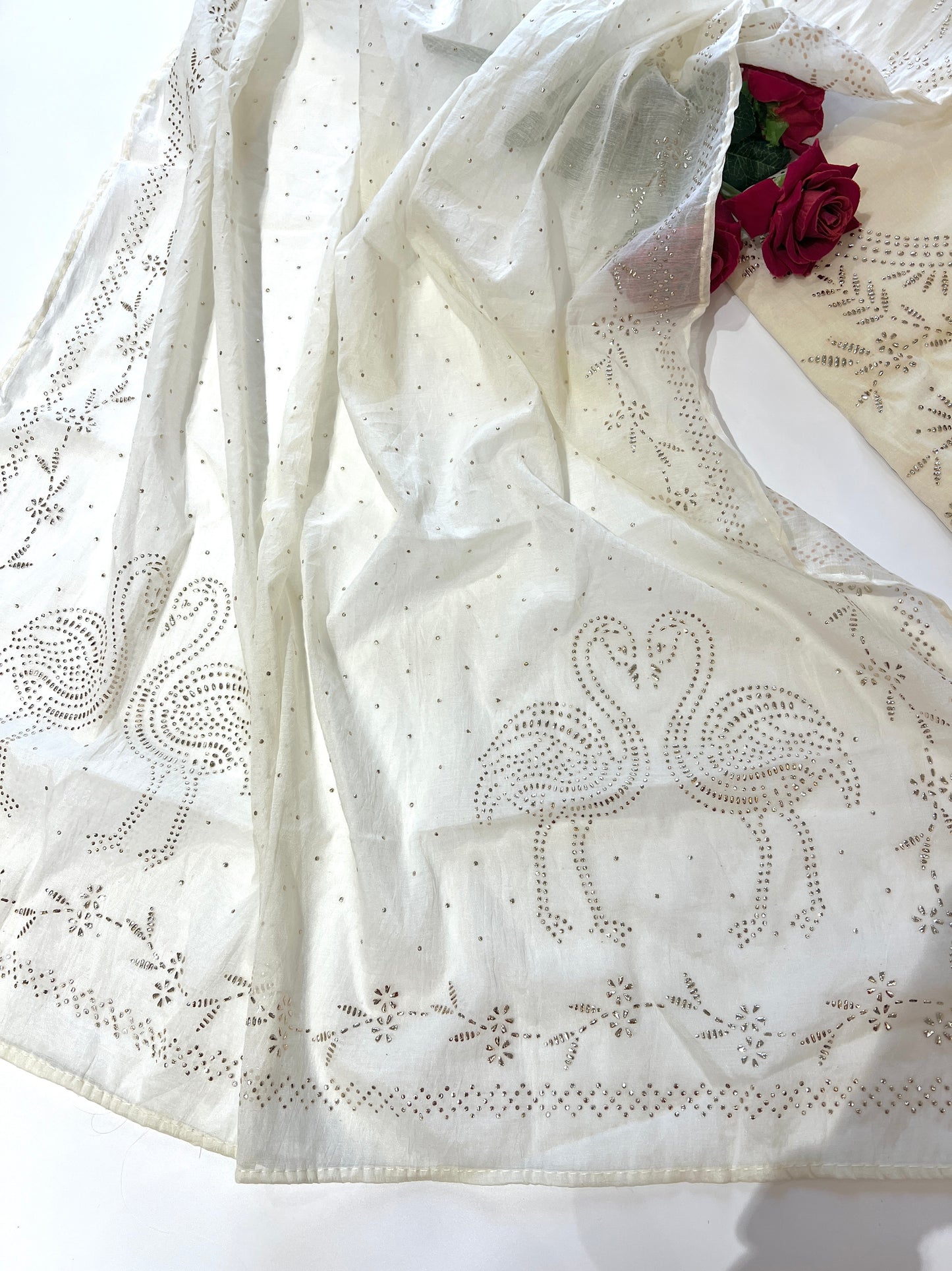 Off White Mul Chanderi dress material with mukaish -Flamingo