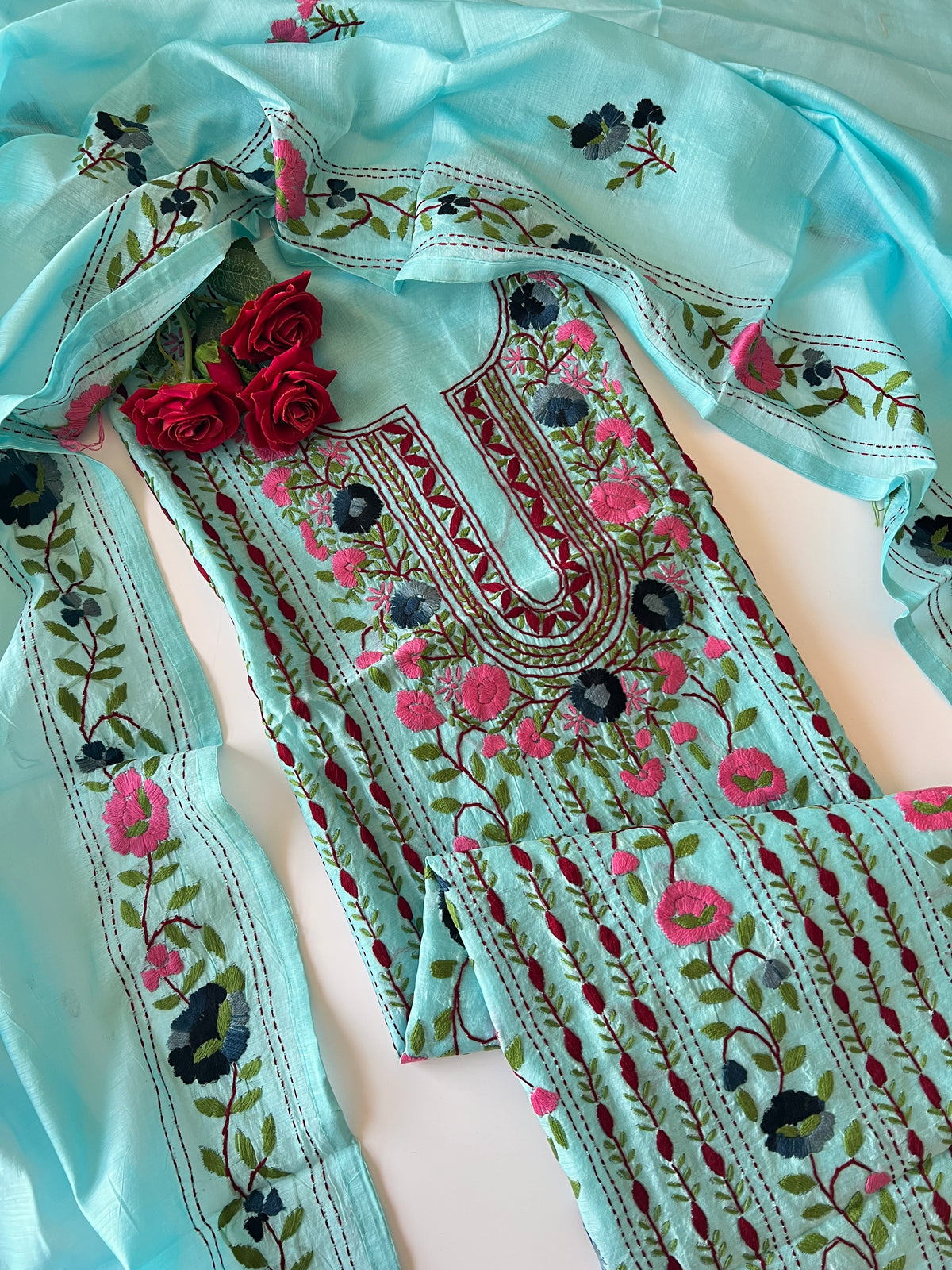 Sky blue Phulkari embroidery Unstitched suit material