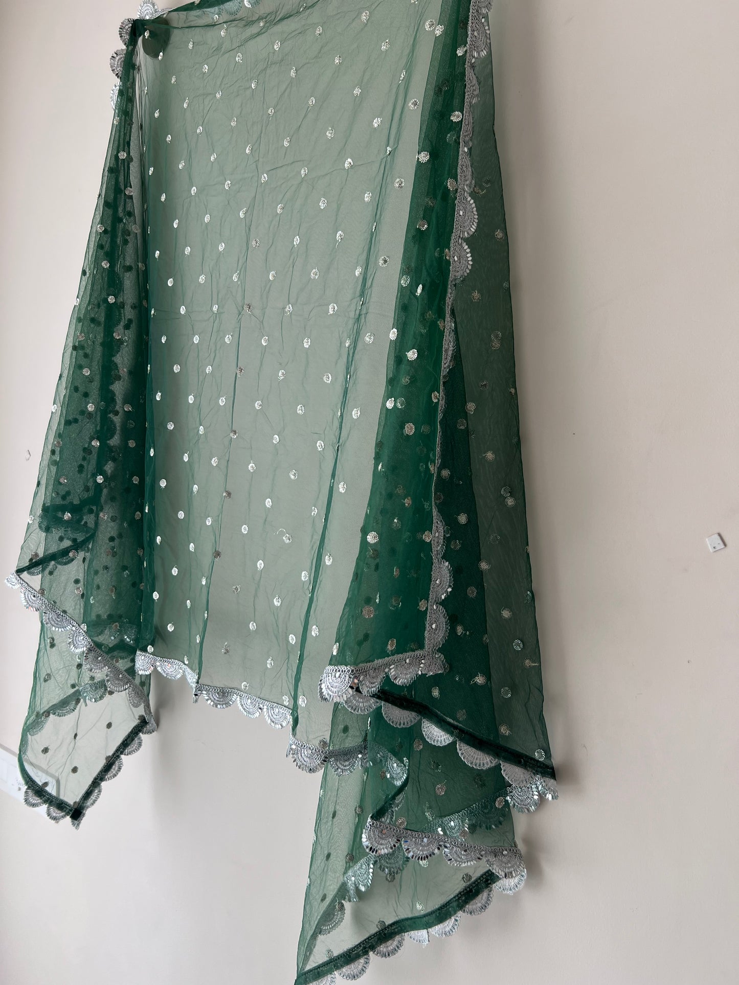 Green Net dupatta with scallop Silver border