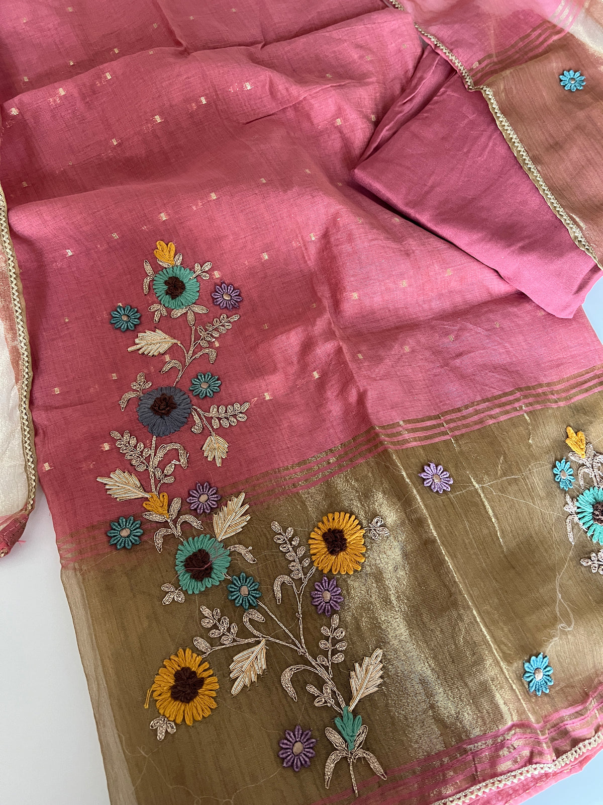 Pink Floral Embroidery tissue Jamdani Dress material