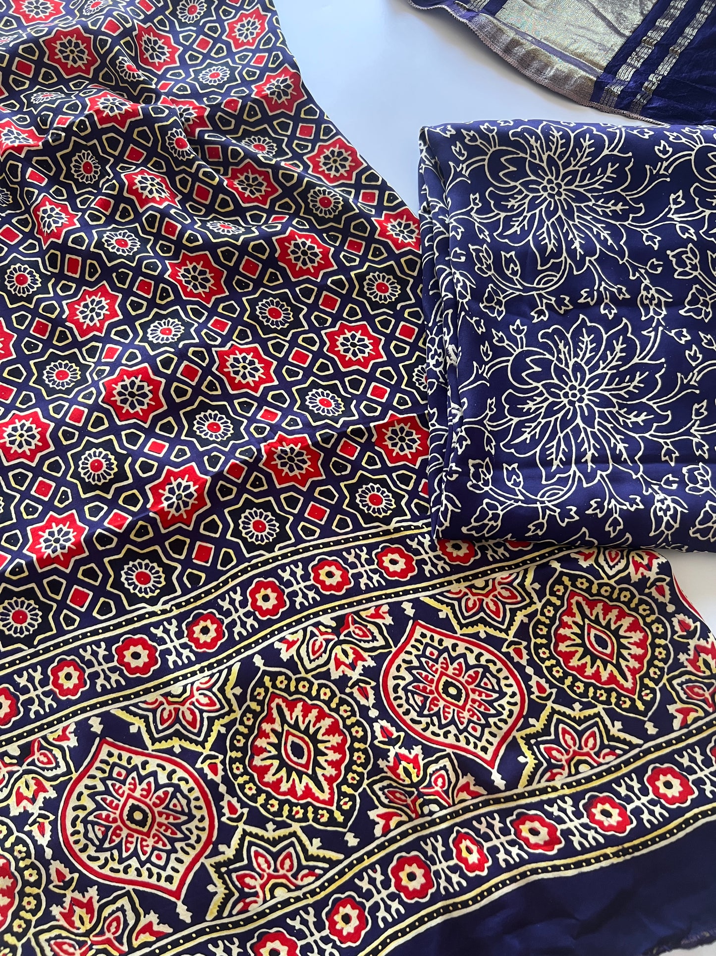 Blue Ajrakh Handblock print 3 pc fabric Unstitched suit set