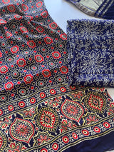Blue Ajrakh Handblock print 3 pc fabric Unstitched suit set