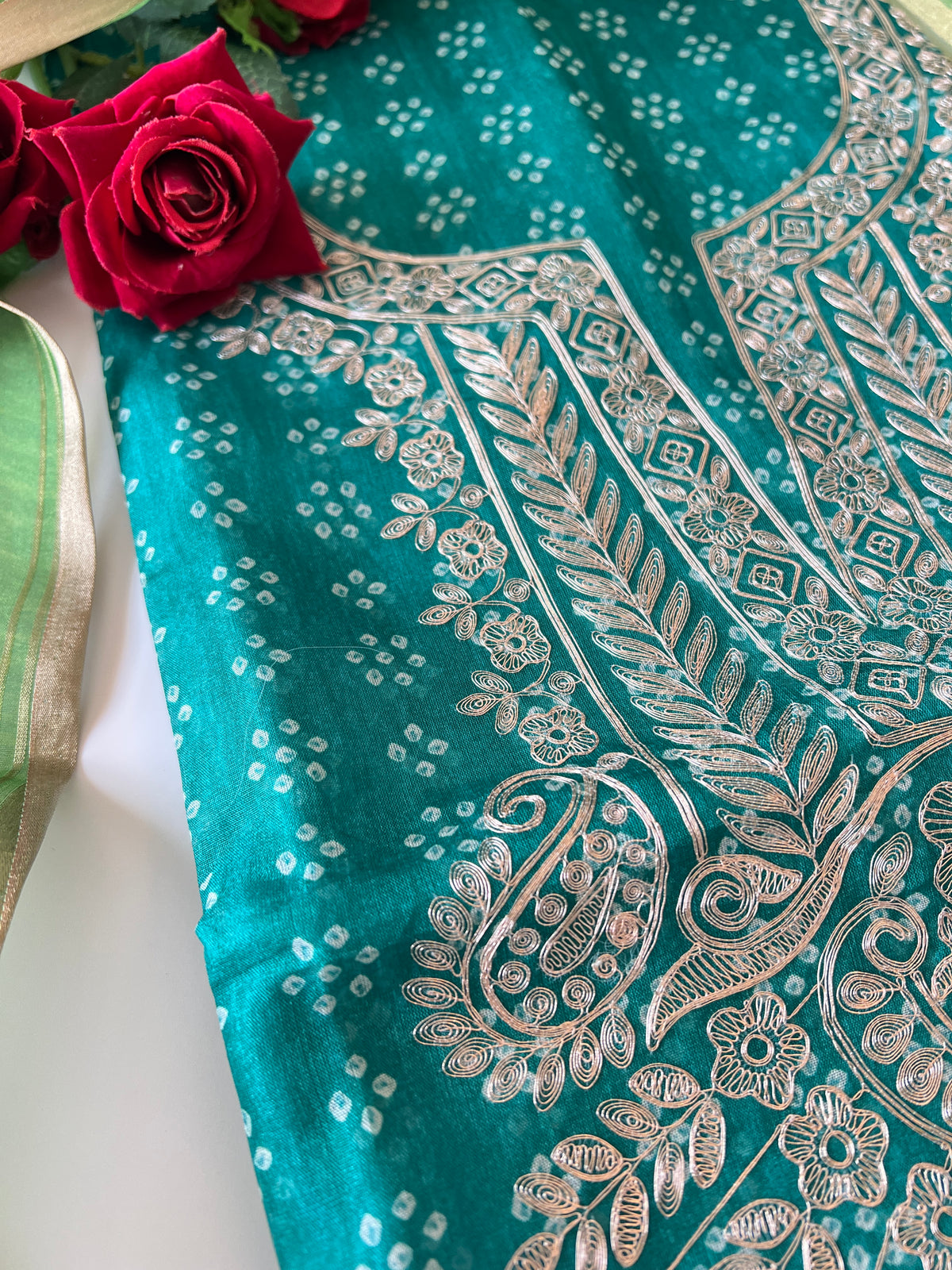 Green soft Organza crepe with Pitta work and bandej
