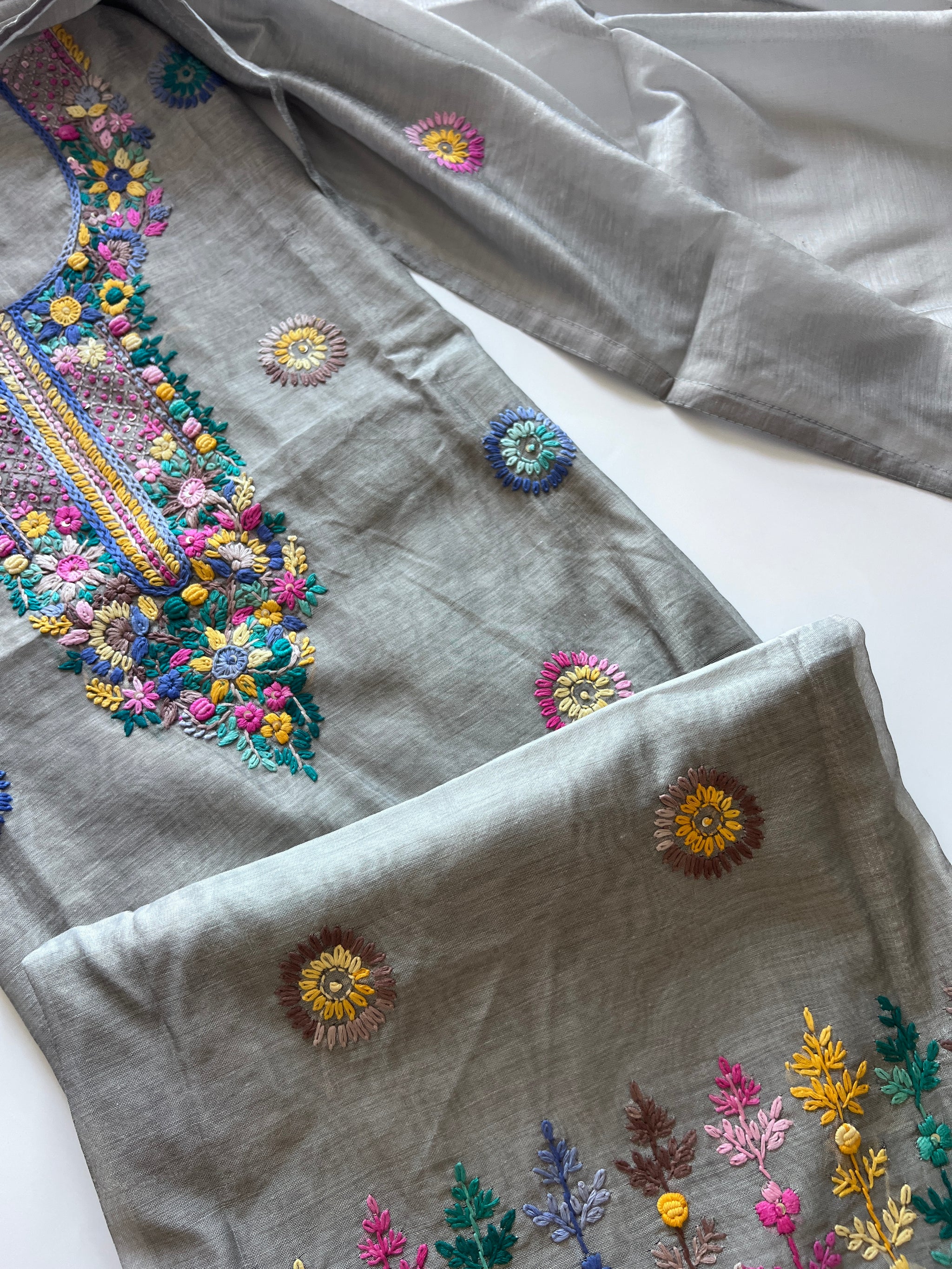 Grey Knot embroidery Unstitched suit material 2 pc