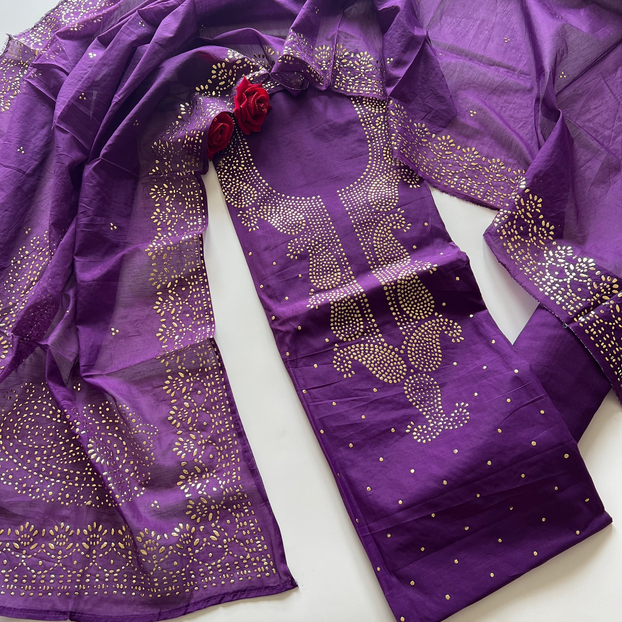 Purple Mul Chanderi dress material with mukaish -Paisley