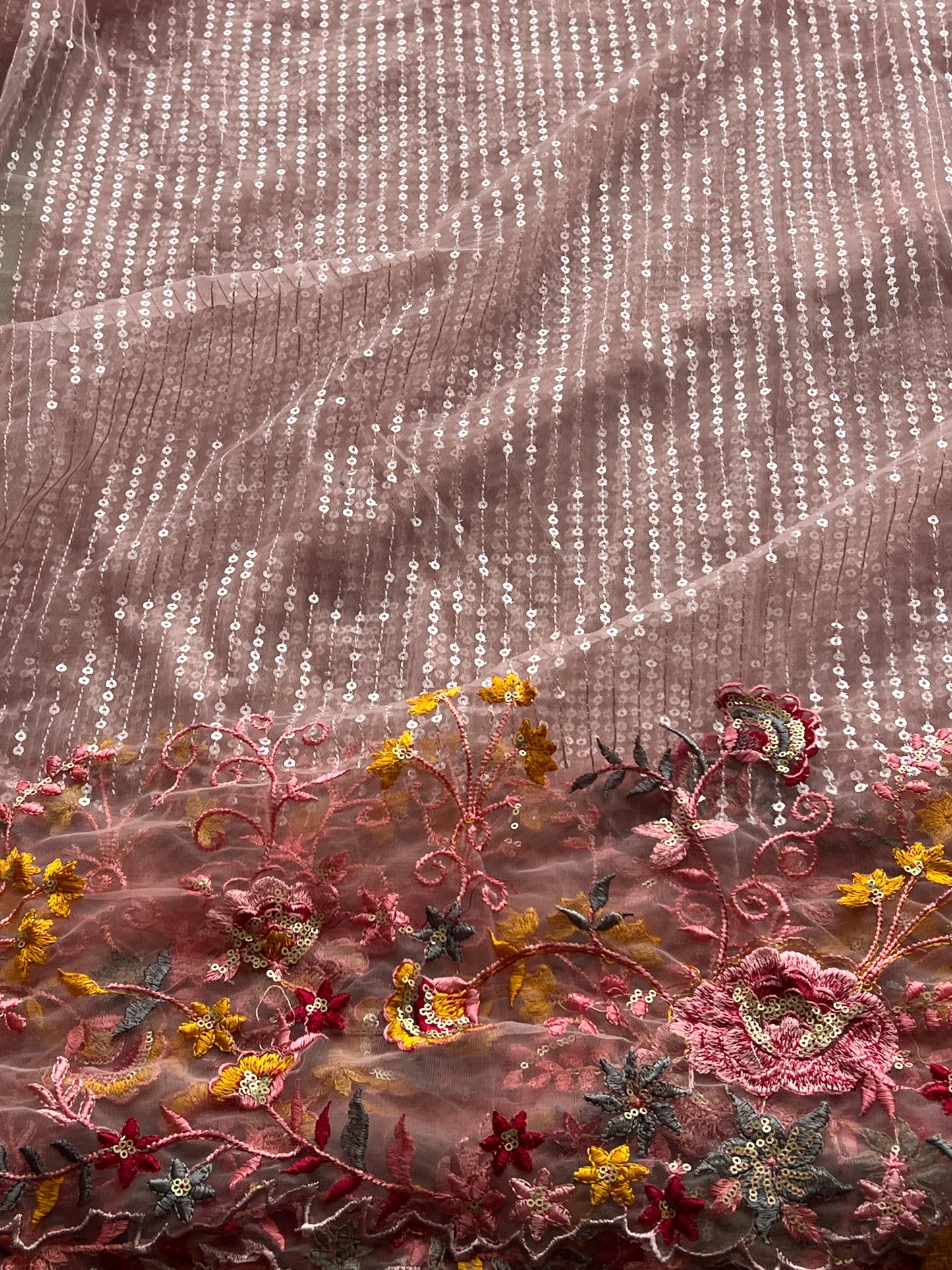 Net embroidered fabric for lehengas, kurtas.