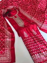 Red Gajji Silk With gotta work neck Unstitched suit