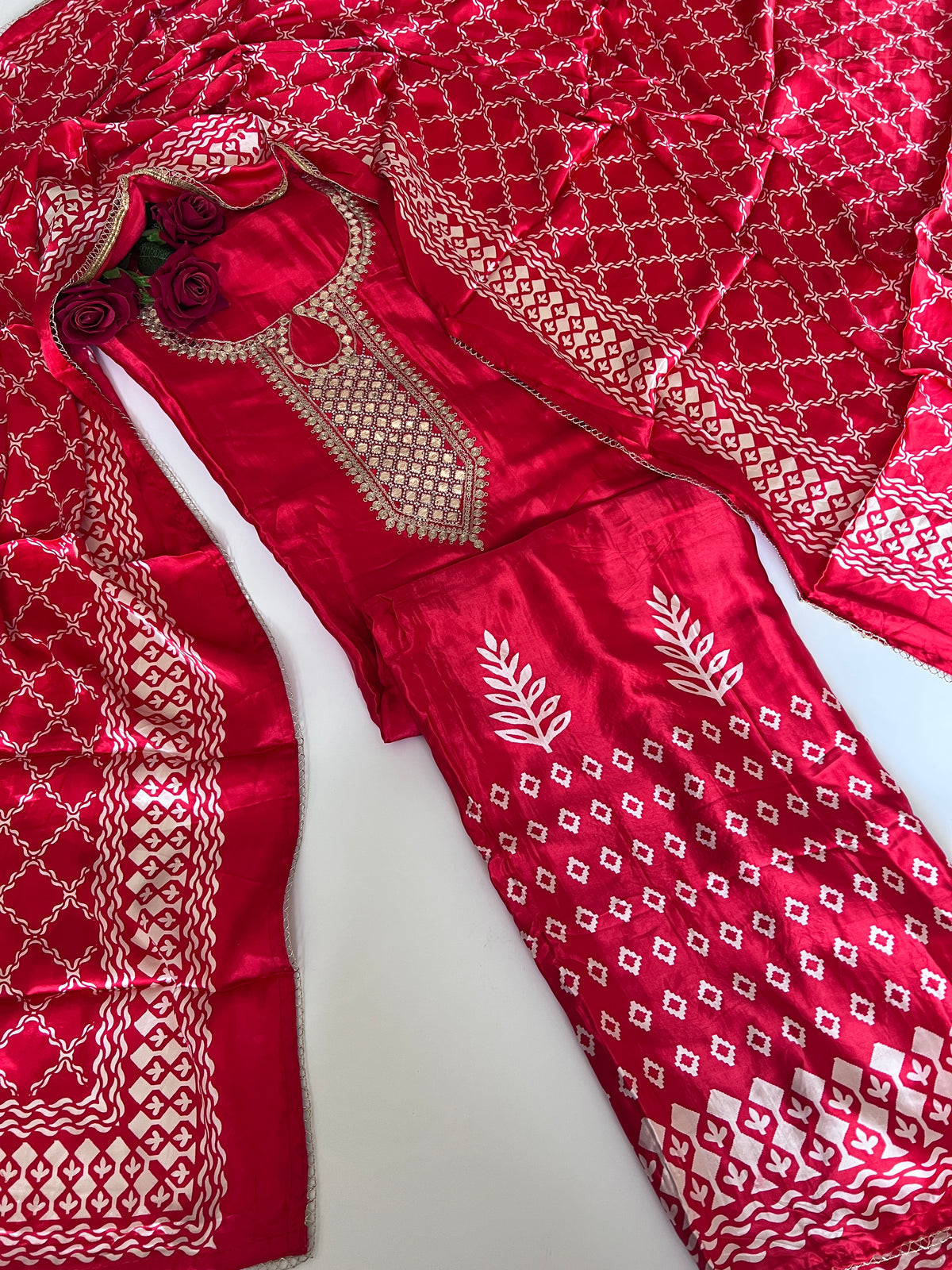Red Gajji Silk With gotta work neck Unstitched suit