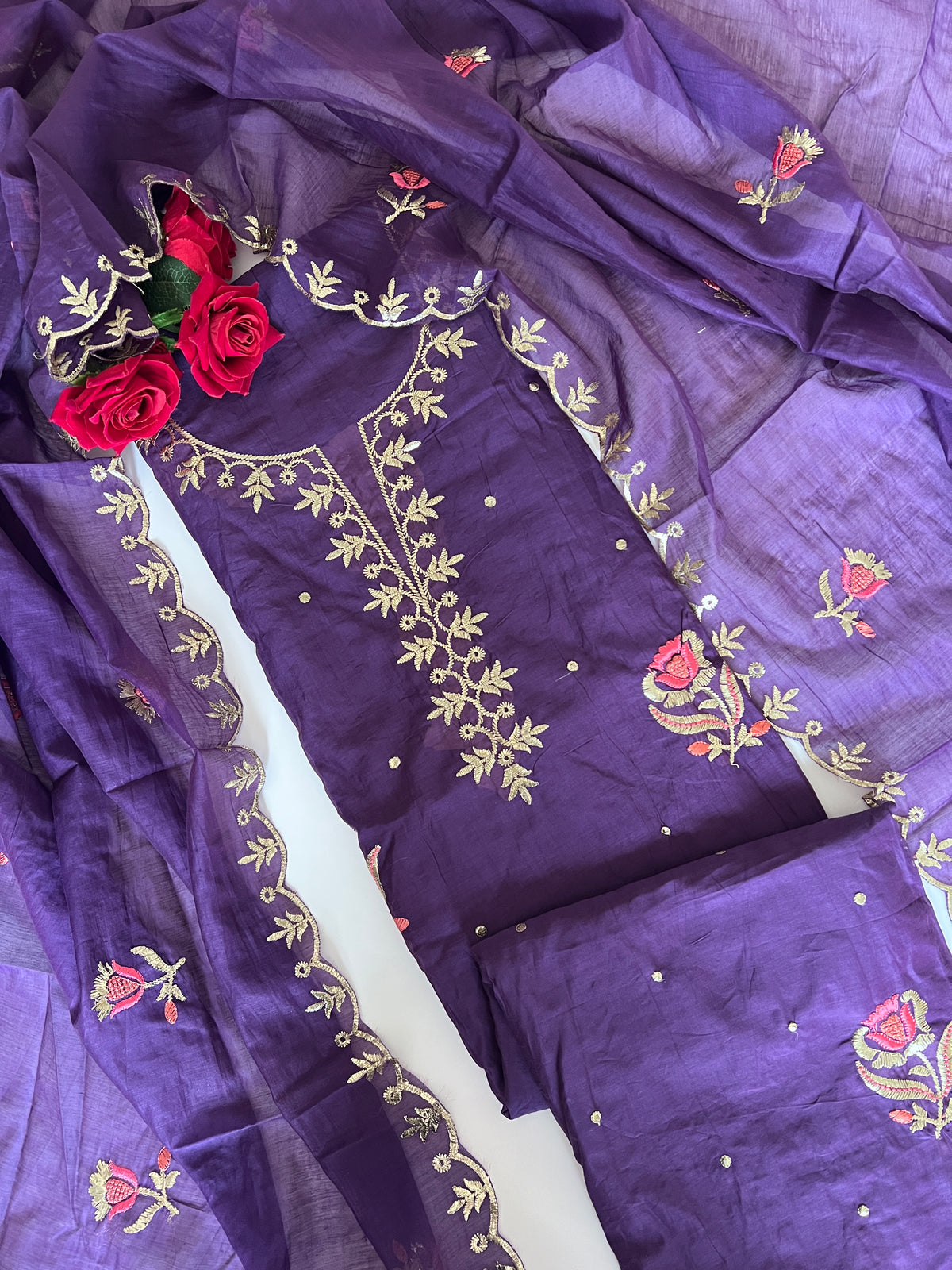 Purple Pitta with thread work on Mul Chanderi dress material - Unstitched Suit set