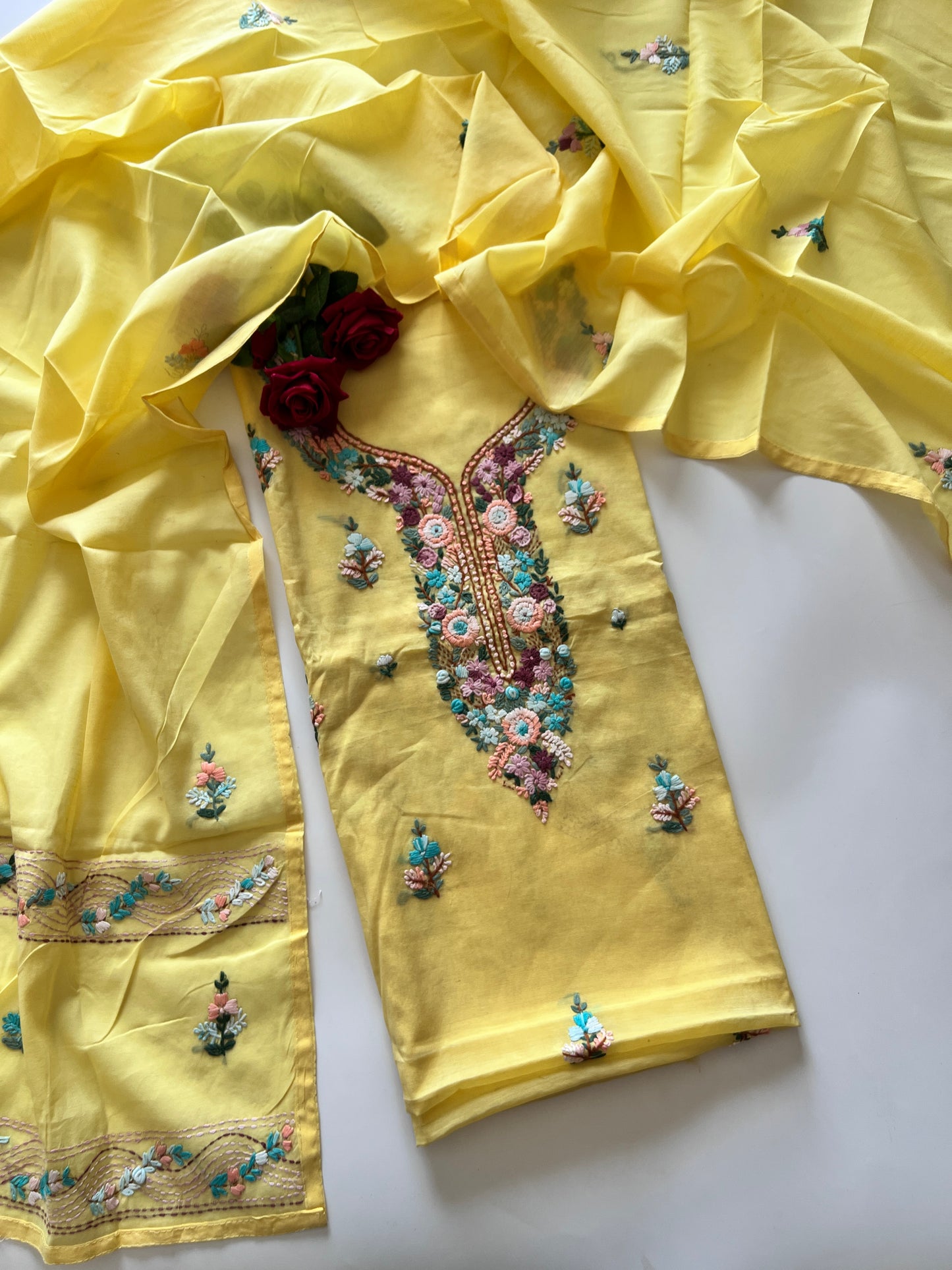 Yellow Knot embroidery Unstitched suit material 2 pc