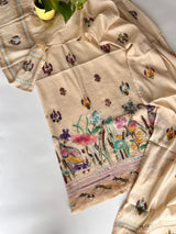 Cream bullion knot embroidery and paint Unstitched suit material