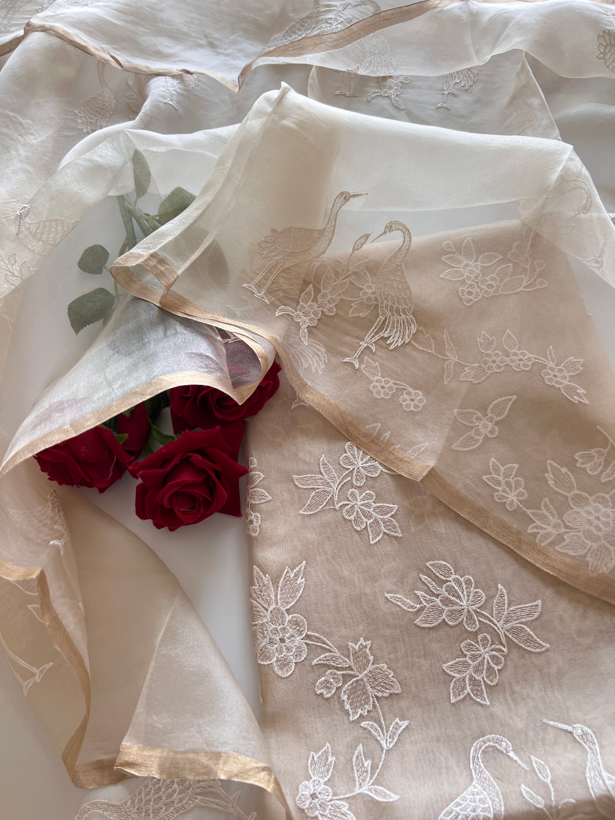 Beige Pure Organza with Swan embroidery Un-stitched Suit set