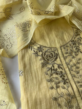 Pastel Yellow Mul Chanderi dress material with pitta and mukaish work