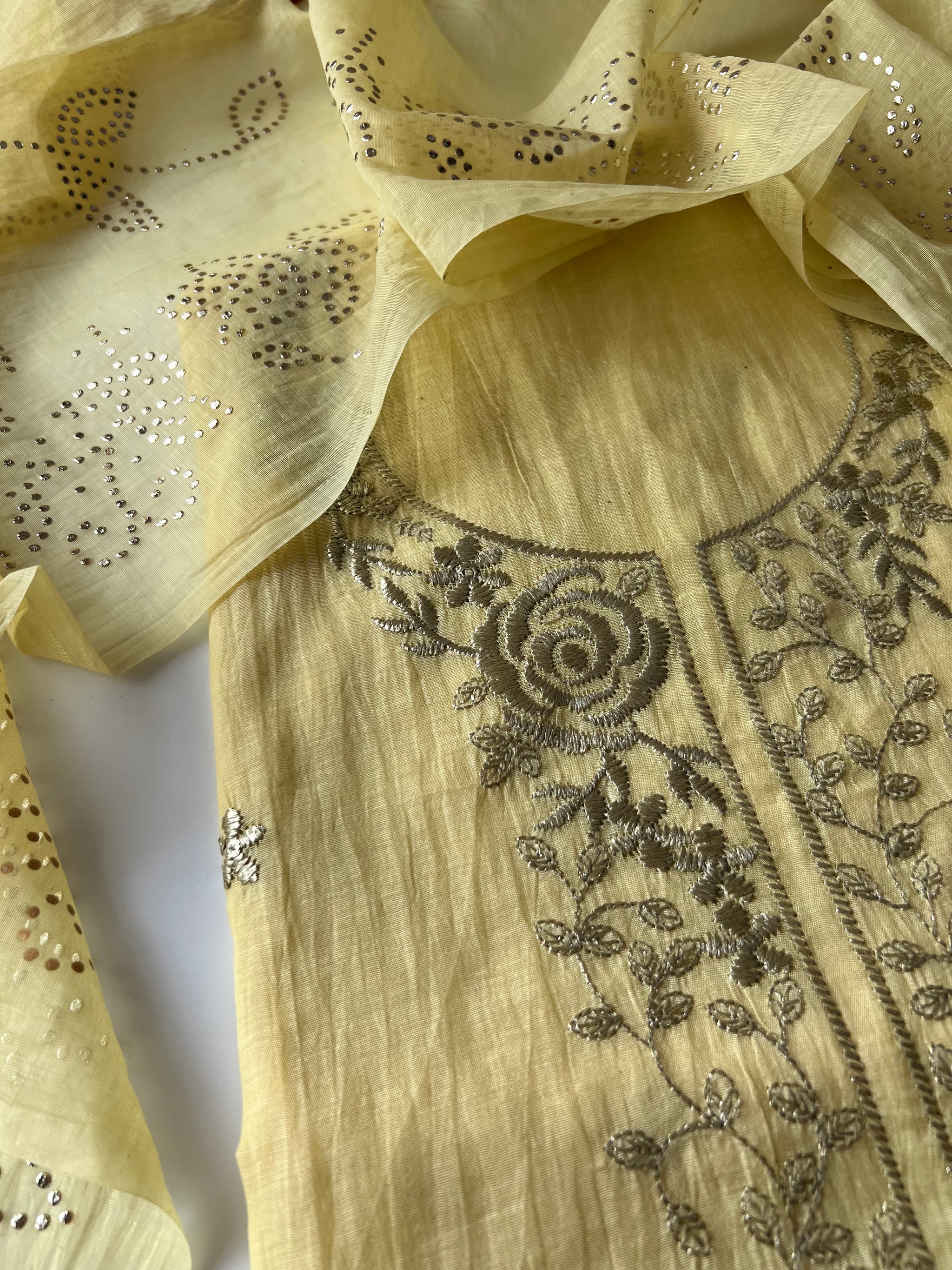Pastel Yellow Mul Chanderi dress material with pitta and mukaish work