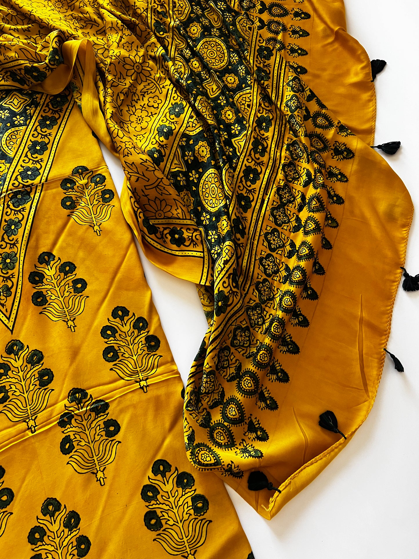 Yellow Original Handblock Ajrakh print on Modal fabric Unstitched suit set