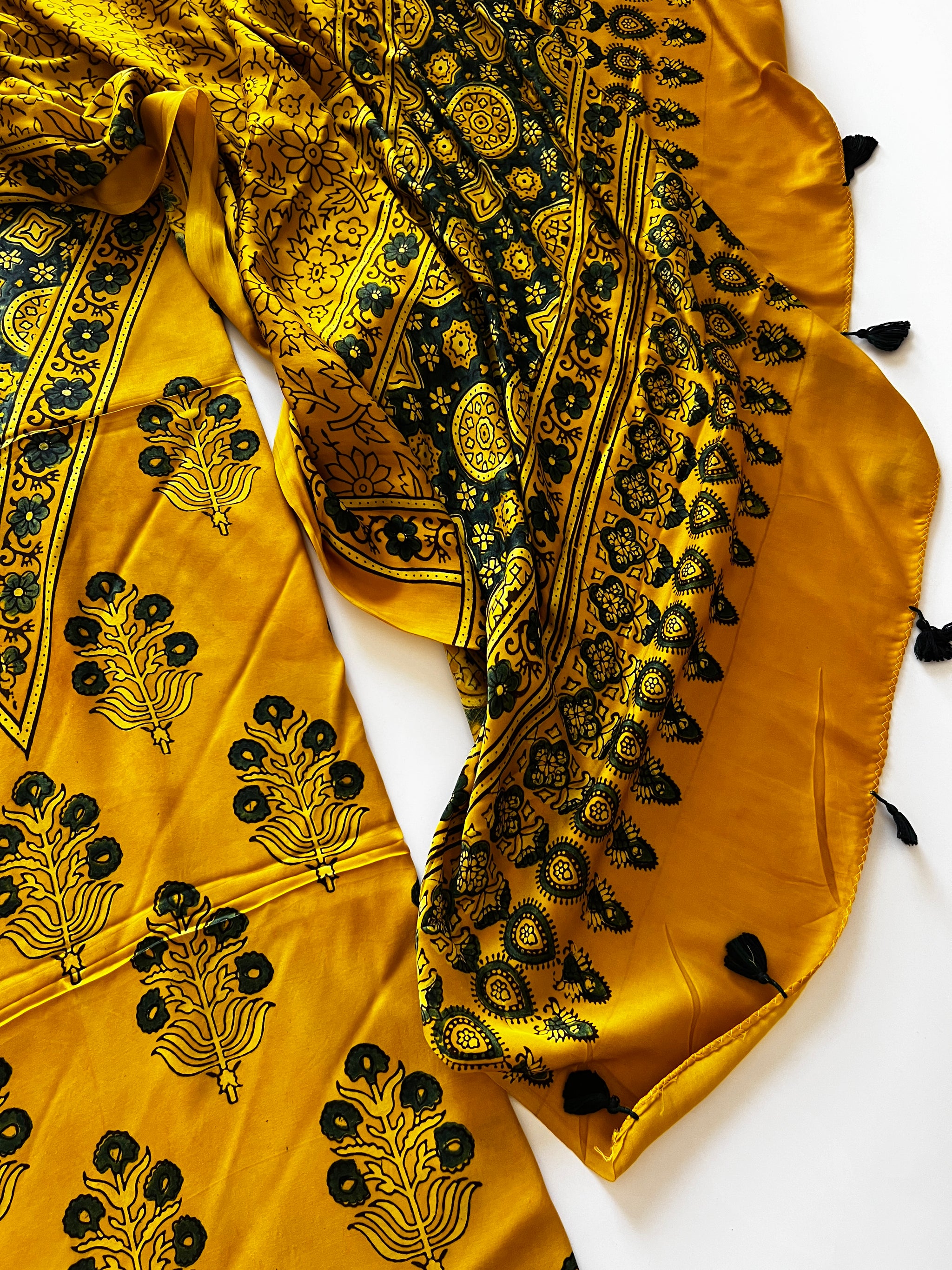 Yellow Original Handblock Ajrakh print on Modal fabric Unstitched suit set