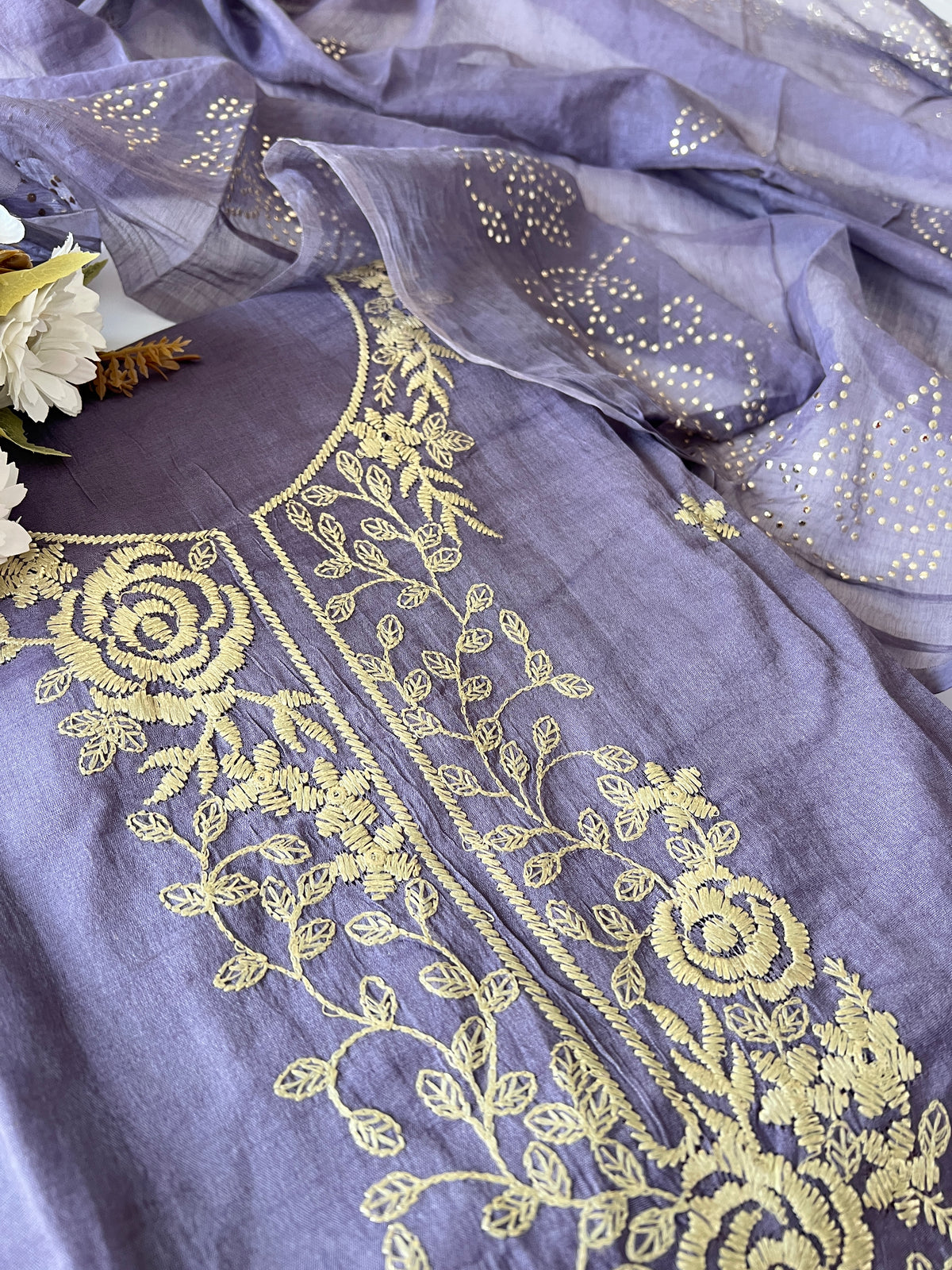 Mul Chanderi dress material with pitta and mukaish work dupatta
