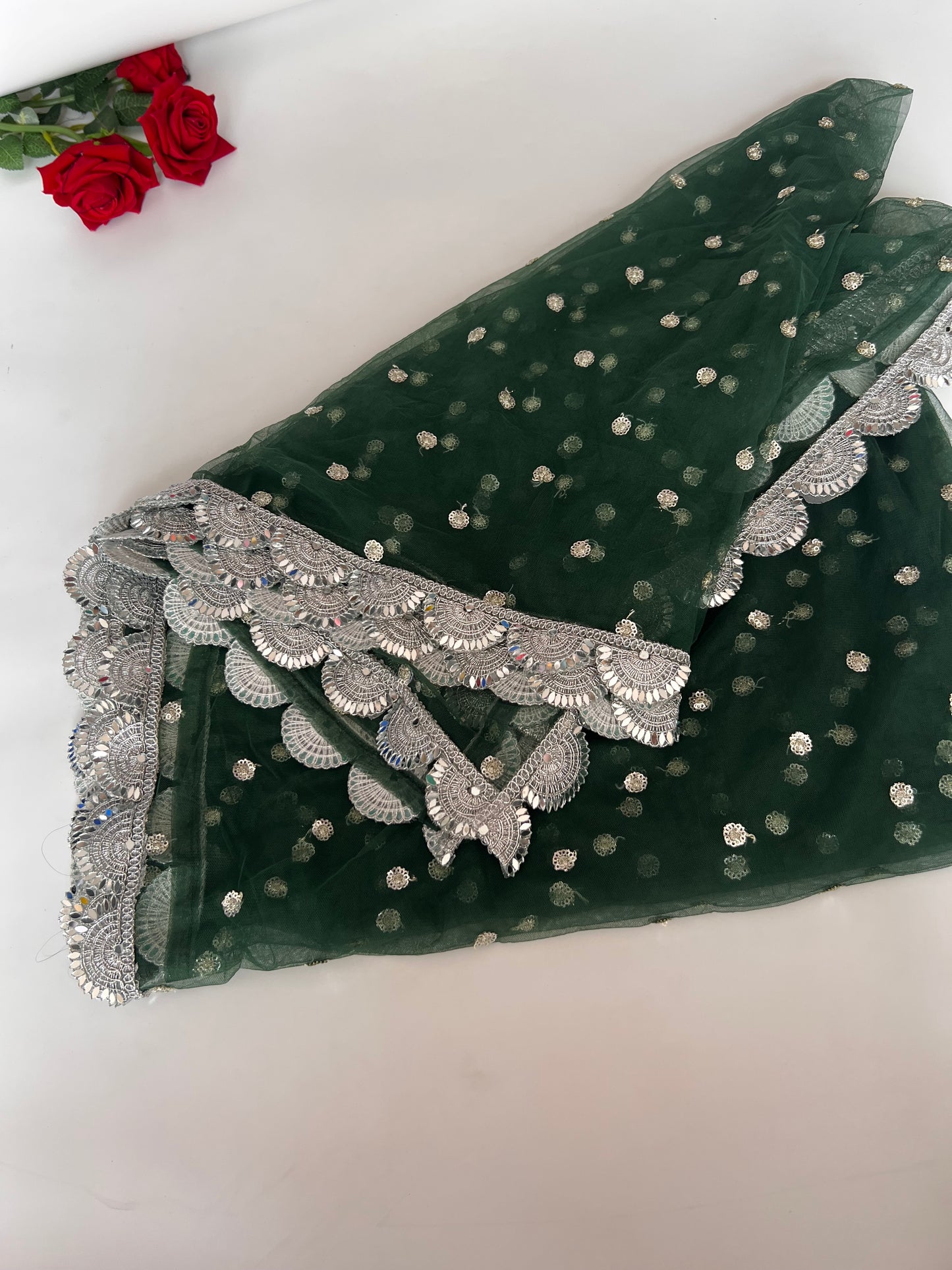 Green Net dupatta with scallop Silver border