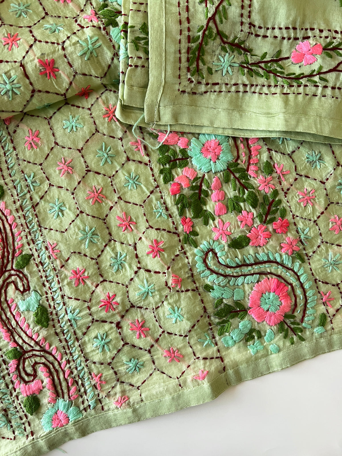 Pista green Phulkari embroidery Unstitched suit material