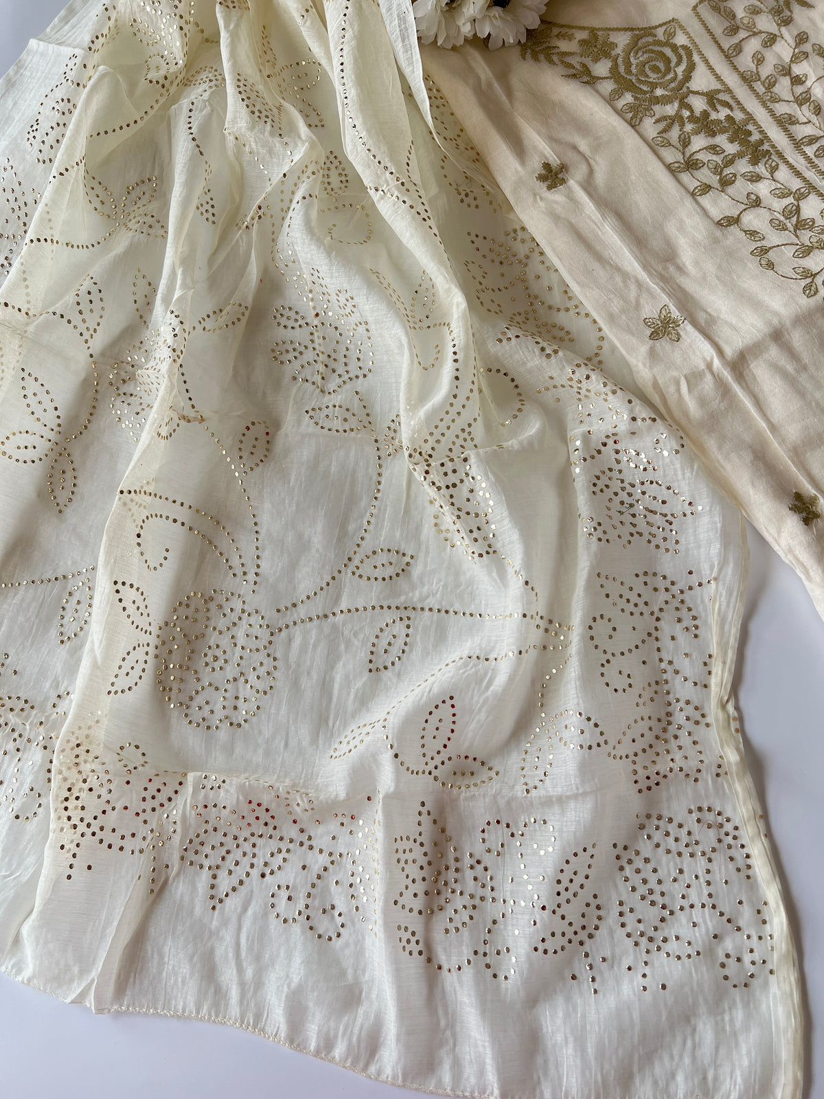 Off white Mul Chanderi dress material with pitta and mukaish work dupatta