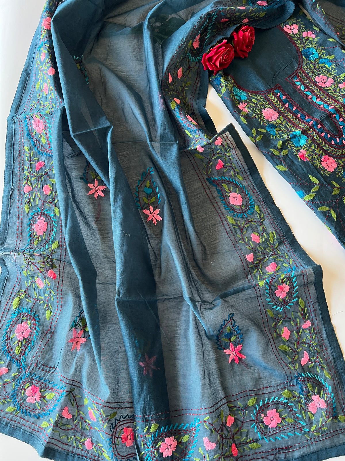 Blue Phulkari embroidery Unstitched suit material