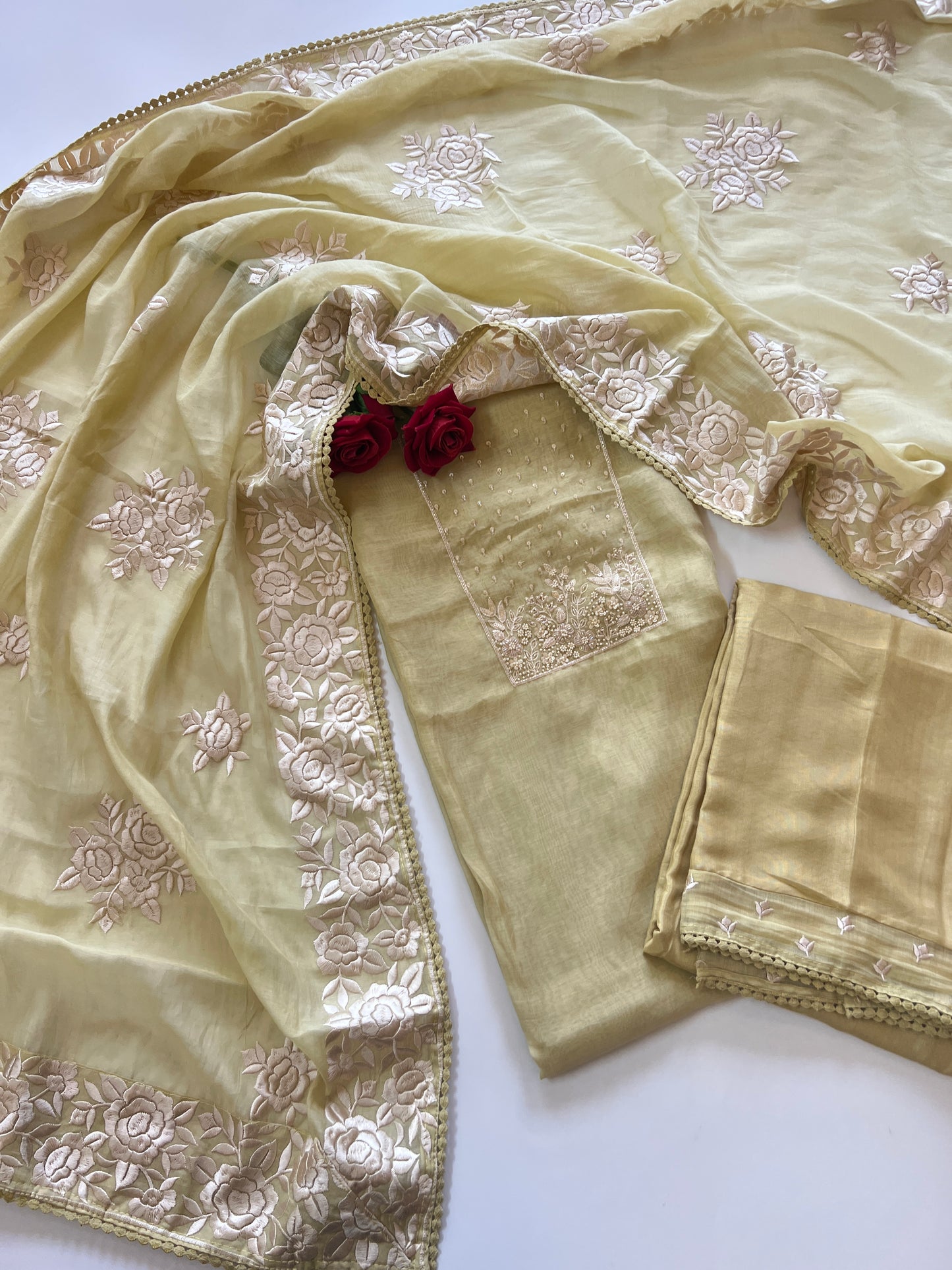 Mul Chanderi Handwork with Parsi dupatta Unstitched Suit set - Pastel yellow