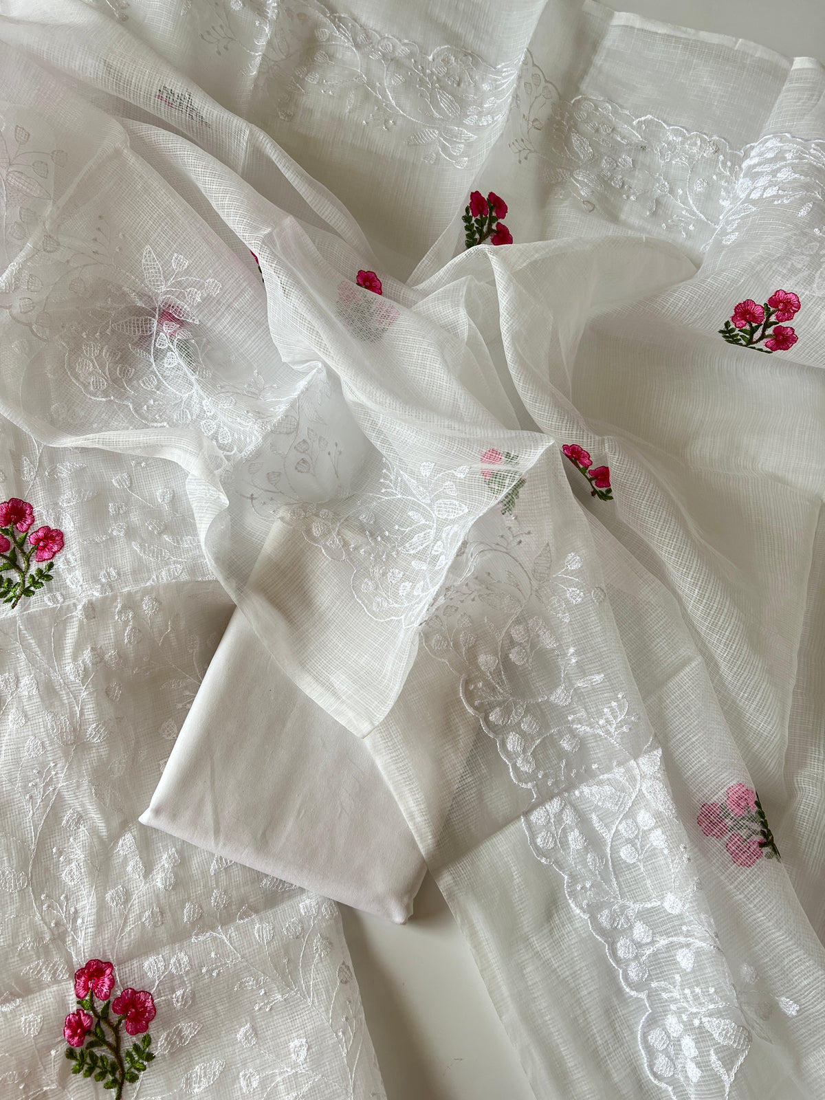 White Kotta floral embroidered kurta dupatta set Unstitched
