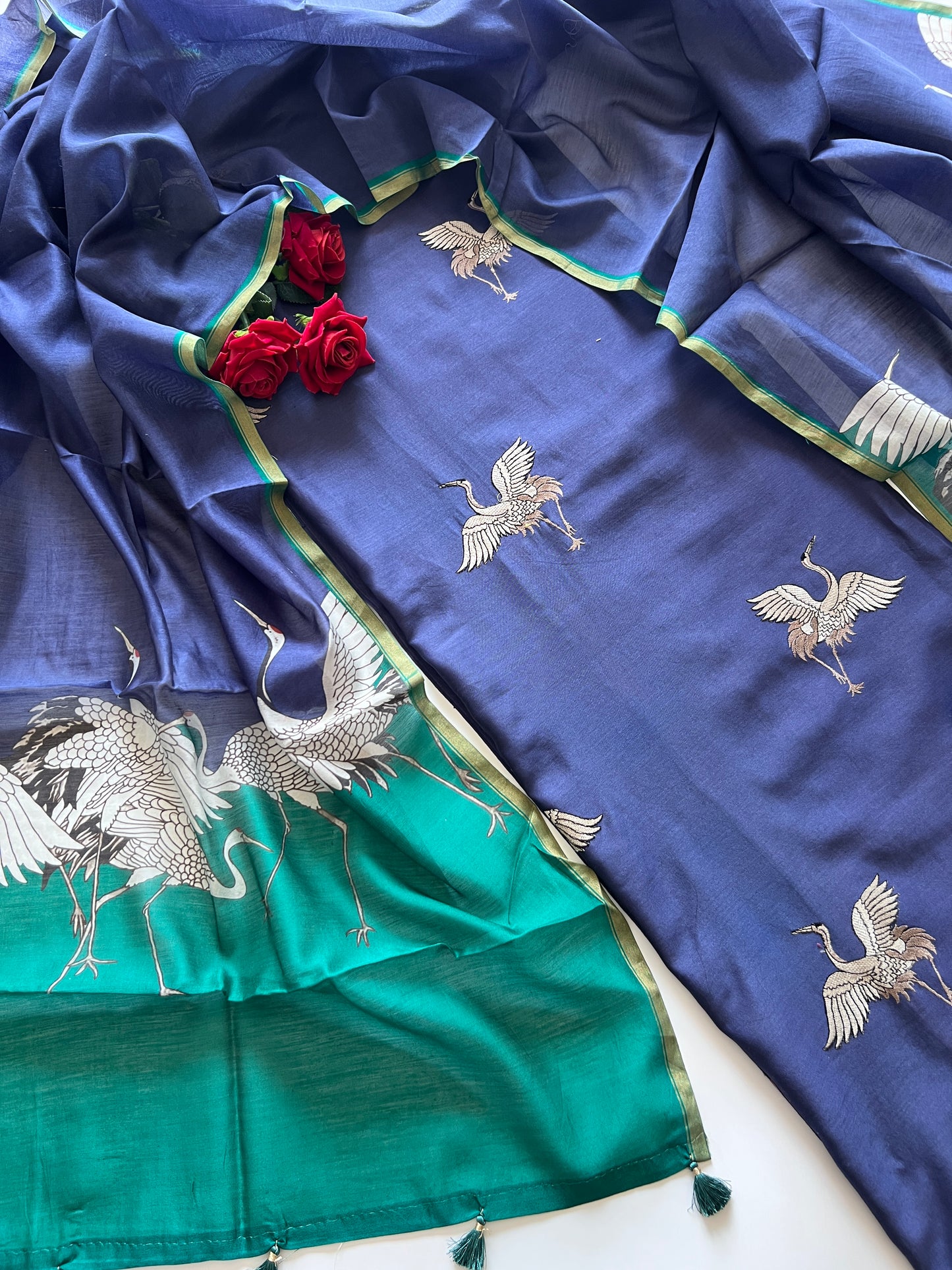 Pure Blue Green soft Chanderi flamingo embroidered Unstitched Dress material