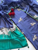 Pure Blue Green soft Chanderi flamingo embroidered Unstitched Dress material