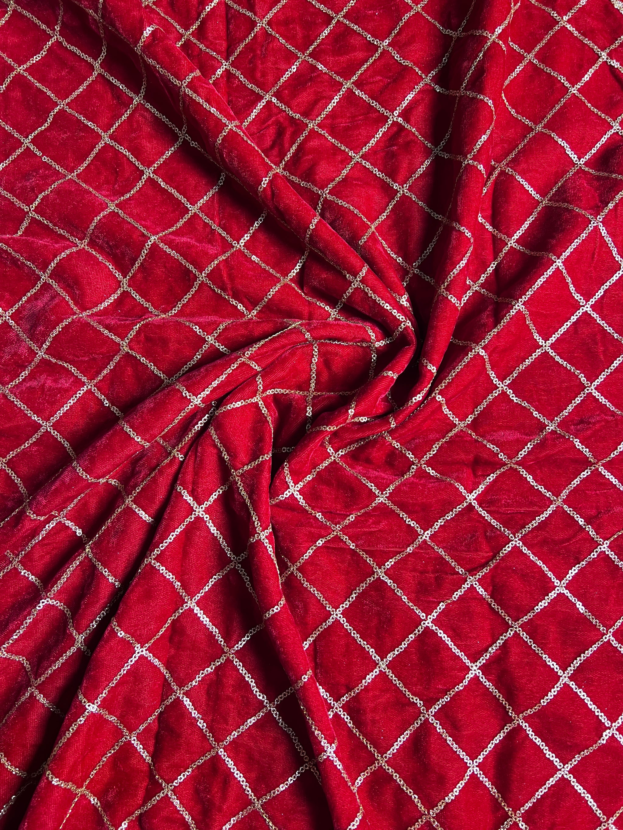 Red velvet sequin embroidered fabric