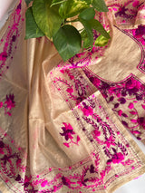 Phulkari pink embroidery on cream kurta Unstitched suit material