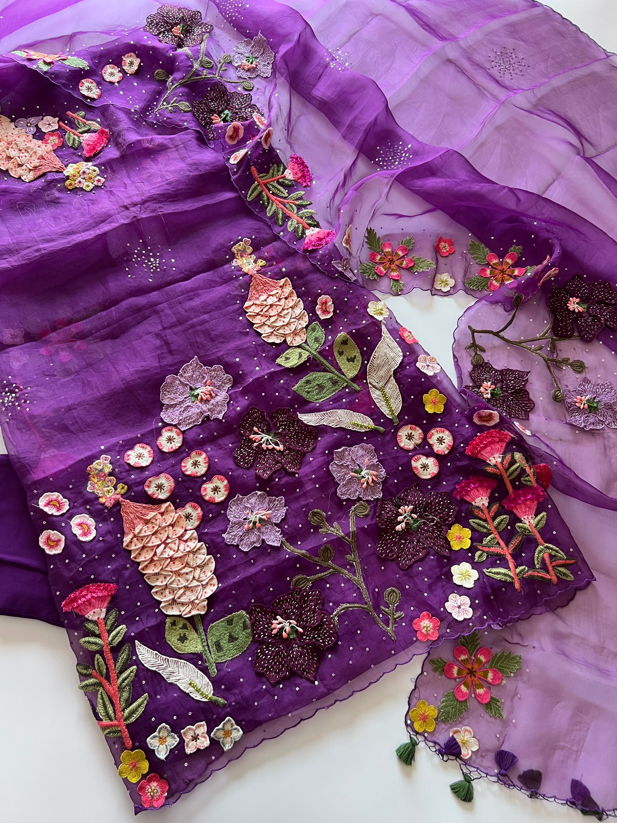 Fairy tale Embroidery on Organza premium unstitched dress material with 3D floral work