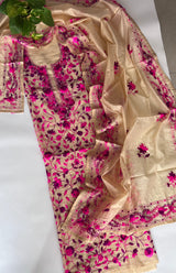 Phulkari pink embroidery on cream kurta Unstitched suit material