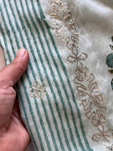 Blue Block print and pitta work on Mul Chanderi dunstitched Suit set