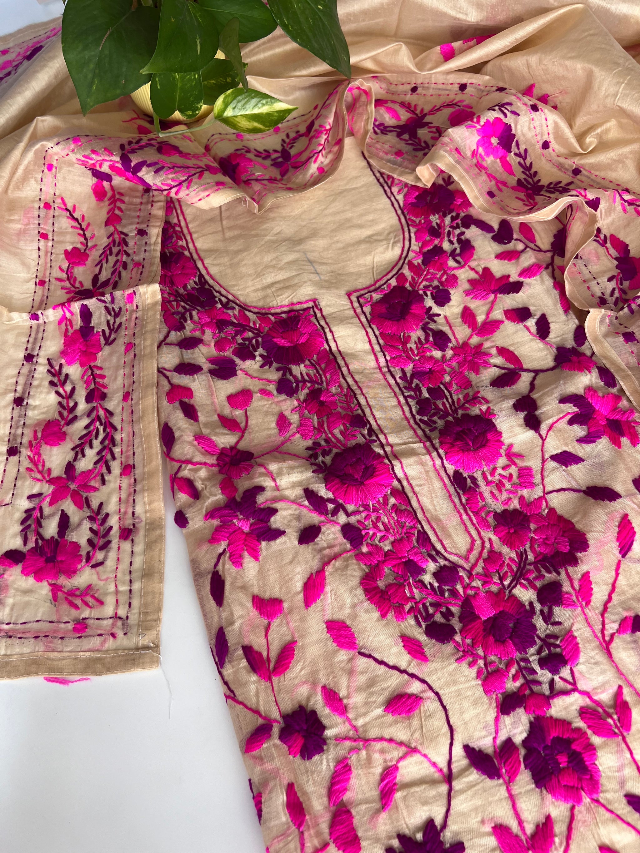 Phulkari pink embroidery on cream kurta Unstitched suit material