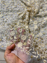 Dyeable net sequin flower embroidered fabric for lehengas, kurtas.