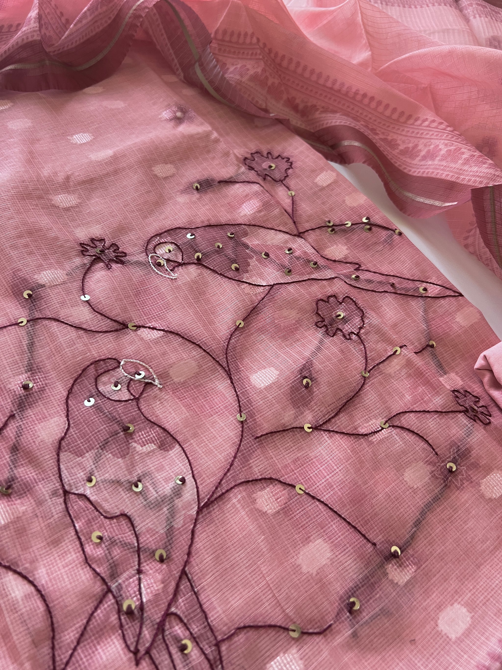 Pink Bird Embroidered Unstitched Suit