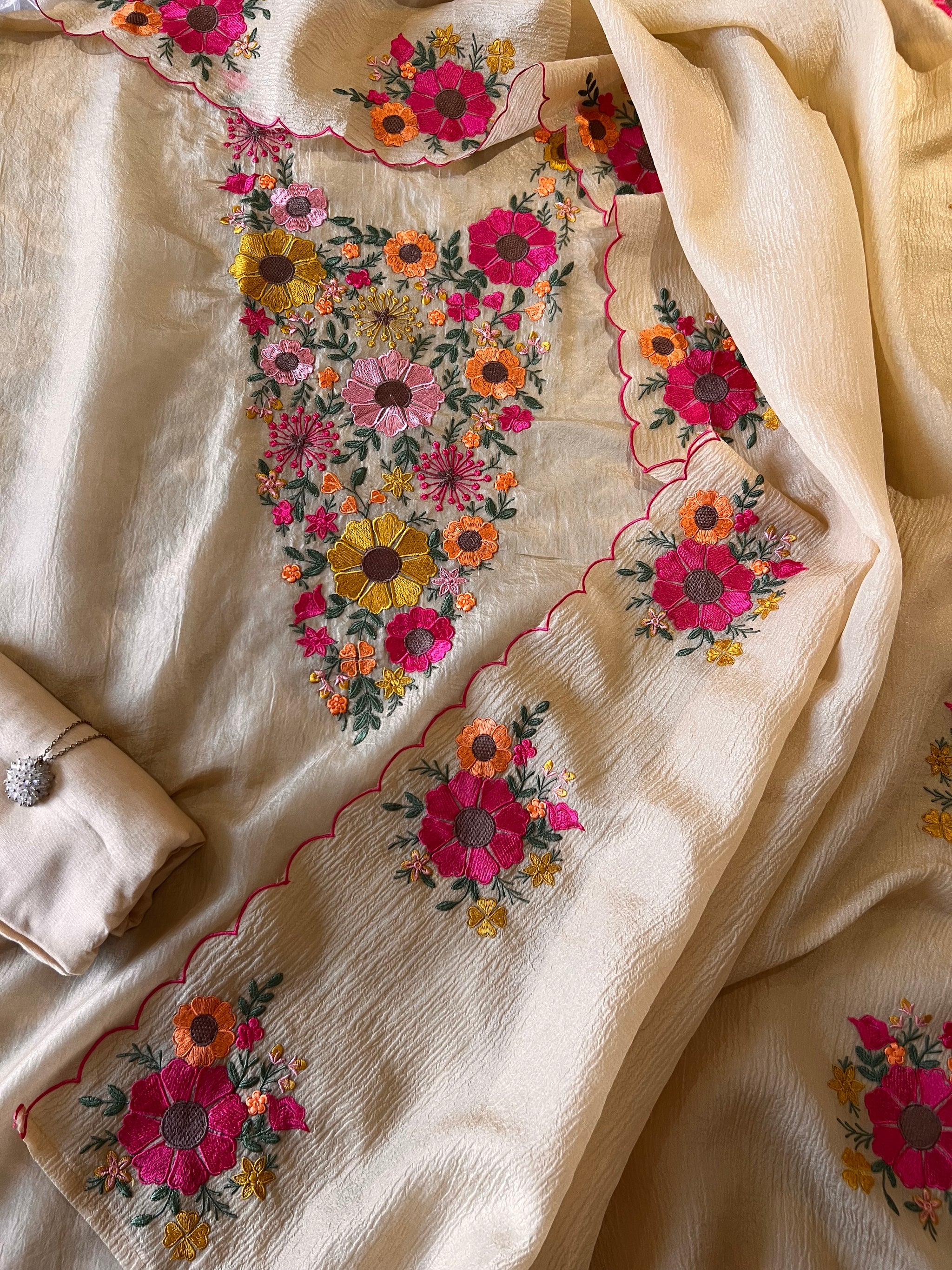 Sunflower Embroidery Crush tissue Silk Dress material