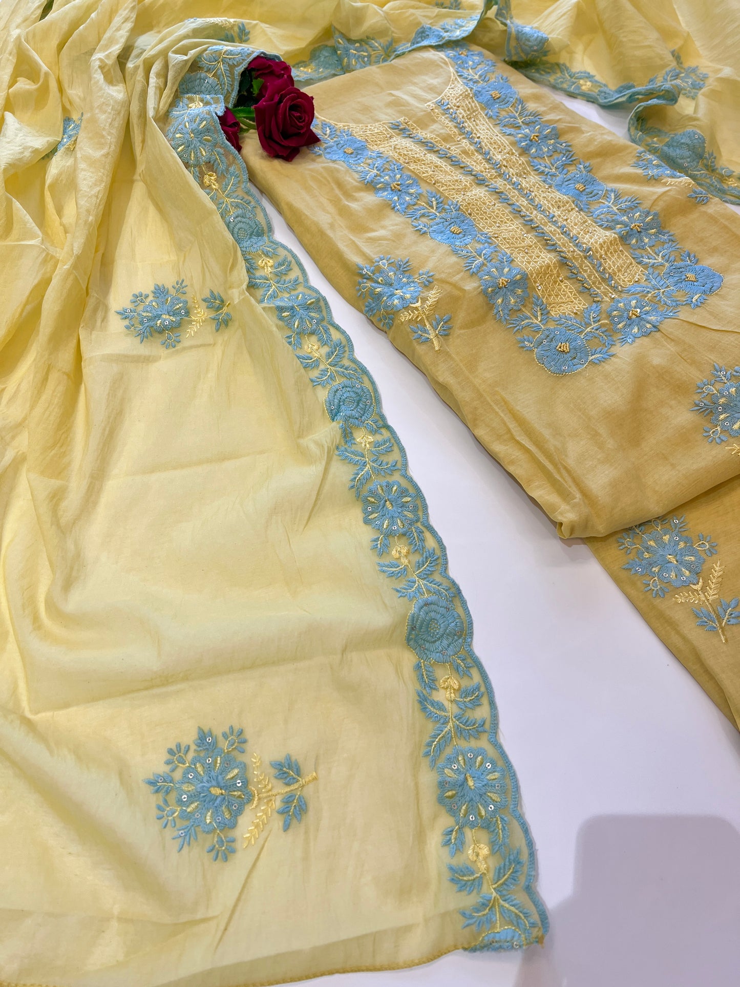Yellow Mul Chanderi embroidered Unstitched Suit