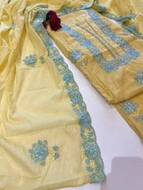 Yellow Mul Chanderi embroidered Unstitched Suit