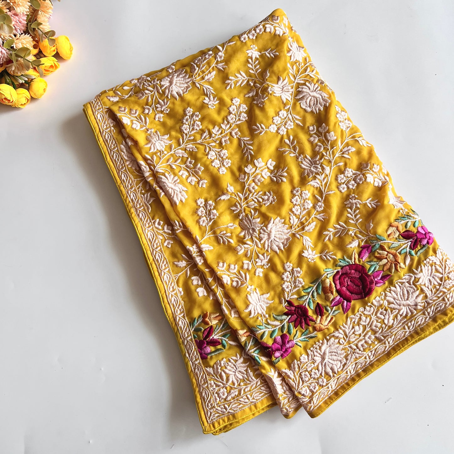 Premium Yellow Parsi Embroidery dupatta