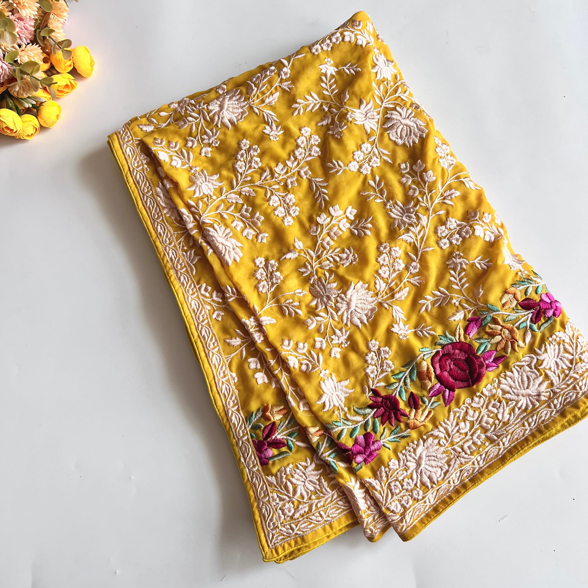 Premium Yellow Parsi Embroidery dupatta