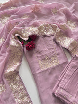 Lilac Mul Chanderi Handwork with Parsi dupatta Unstitched Suit set